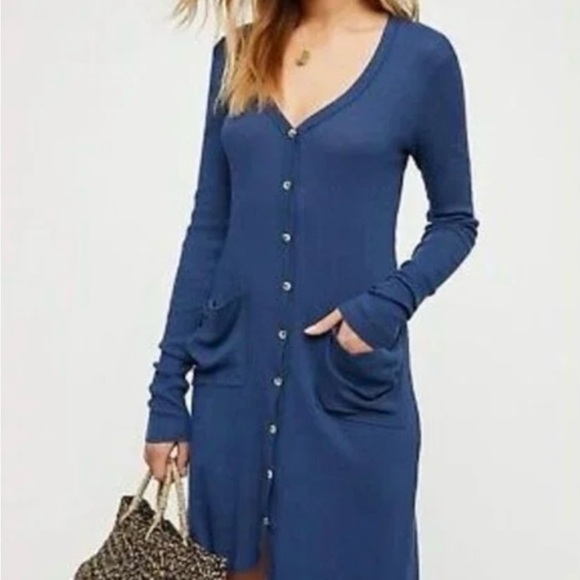 Free People FP Beach Boho Drippy Blue Ribbed Maxi Dress High-low Oversized - Picture 1 of 10